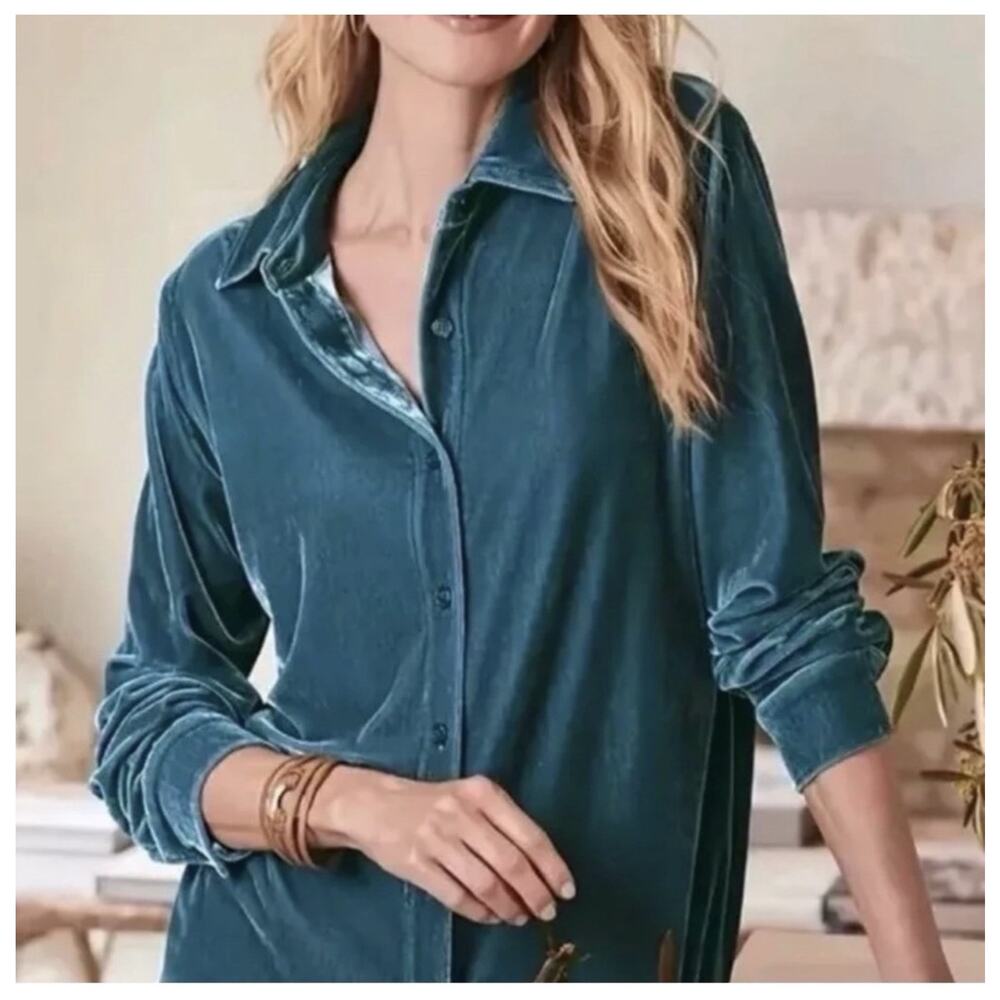 Soft Surroundings Velvet Boyfriend Tunic Shirt Button Front Teal Atlantic XL